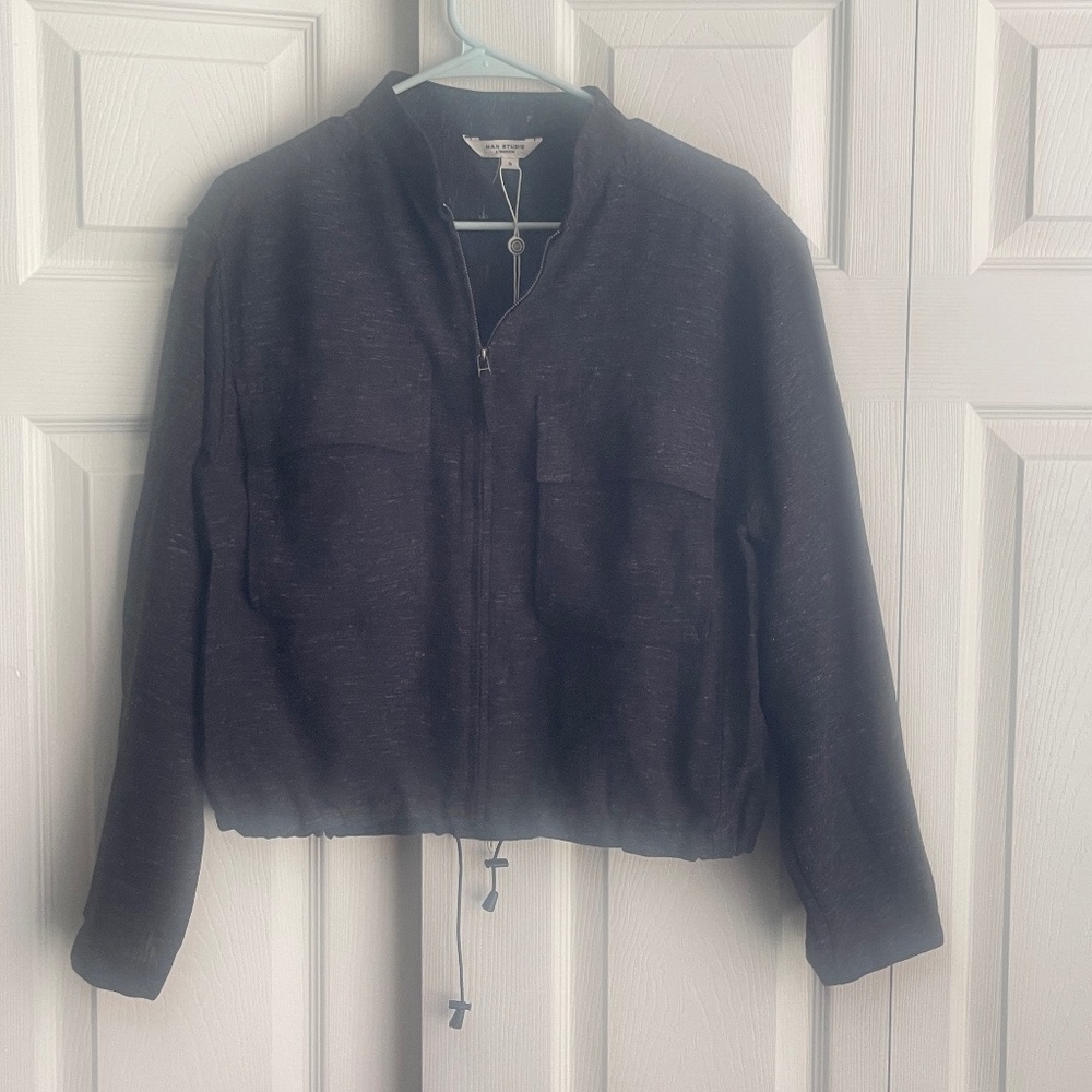 NWT Max Studio women's Zip Front Linen-blend drawstring Jacket In Black.   #429